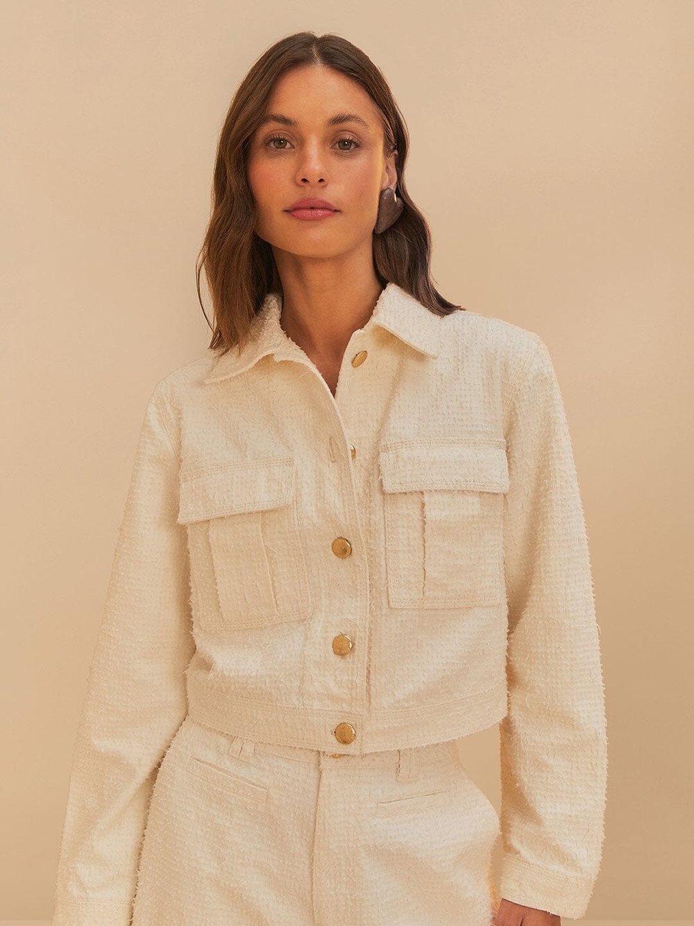 FARM Rio Off-White Twill Laser Crop Jacket